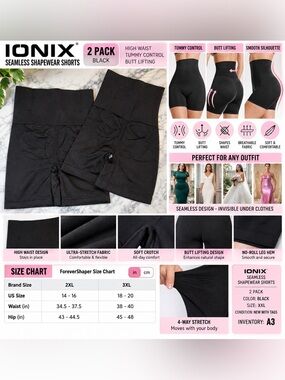 IONIX Seamless Shapewear Shorts – Black – Size XXL – 2 Pack – New With Tags – A3